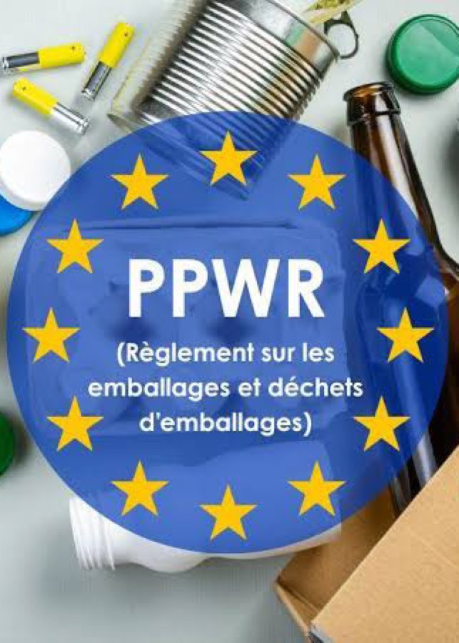 EU 깃발 위에 PPWR을 표기한 그래픽과 분리배출된 포장재